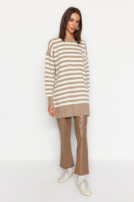 Beige Striped Knitwear Sweater Tctaw24ak00186