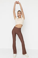 Brown Booster And Ribbed Spanish Leg Yoga Gym Leggings Twoaw23ty00011