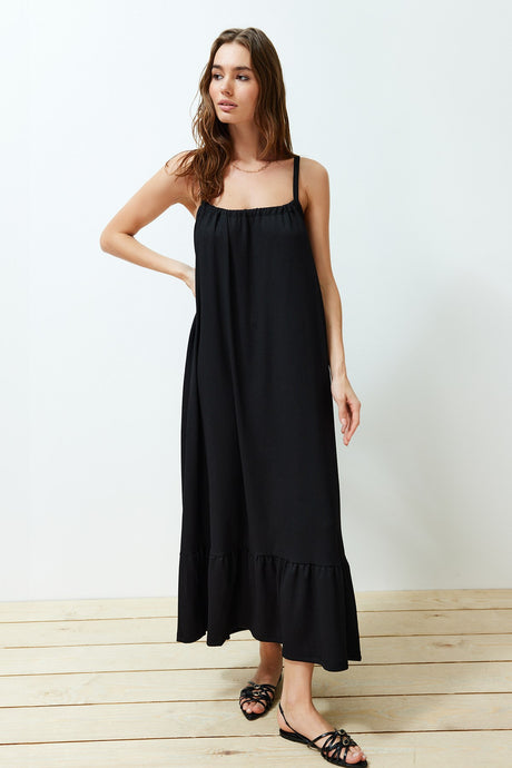 Black Back Detailed Strappy Rucks/textured Maxi Knitted Dress Twoss24el00259