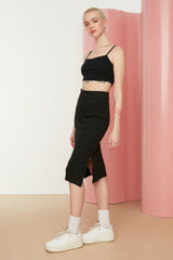 Black Double Slit Body-fitting High Waist Ribbed Flexible Midi Knit Skirt Twoss22et0250