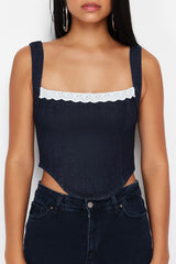 Dark Blue Collar Detailed Strappy Denim Bustier Twoss24bs00010