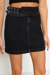 Black Accessory Detailed Mini Regular Waist Denim Skirt Twoss24et00013