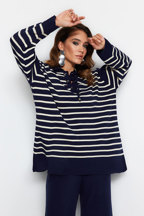 Navy Striped Collar Drawstring Detailed Sweatshirt-pants Knitwear Bottom-top Suit Tctaw24us00080