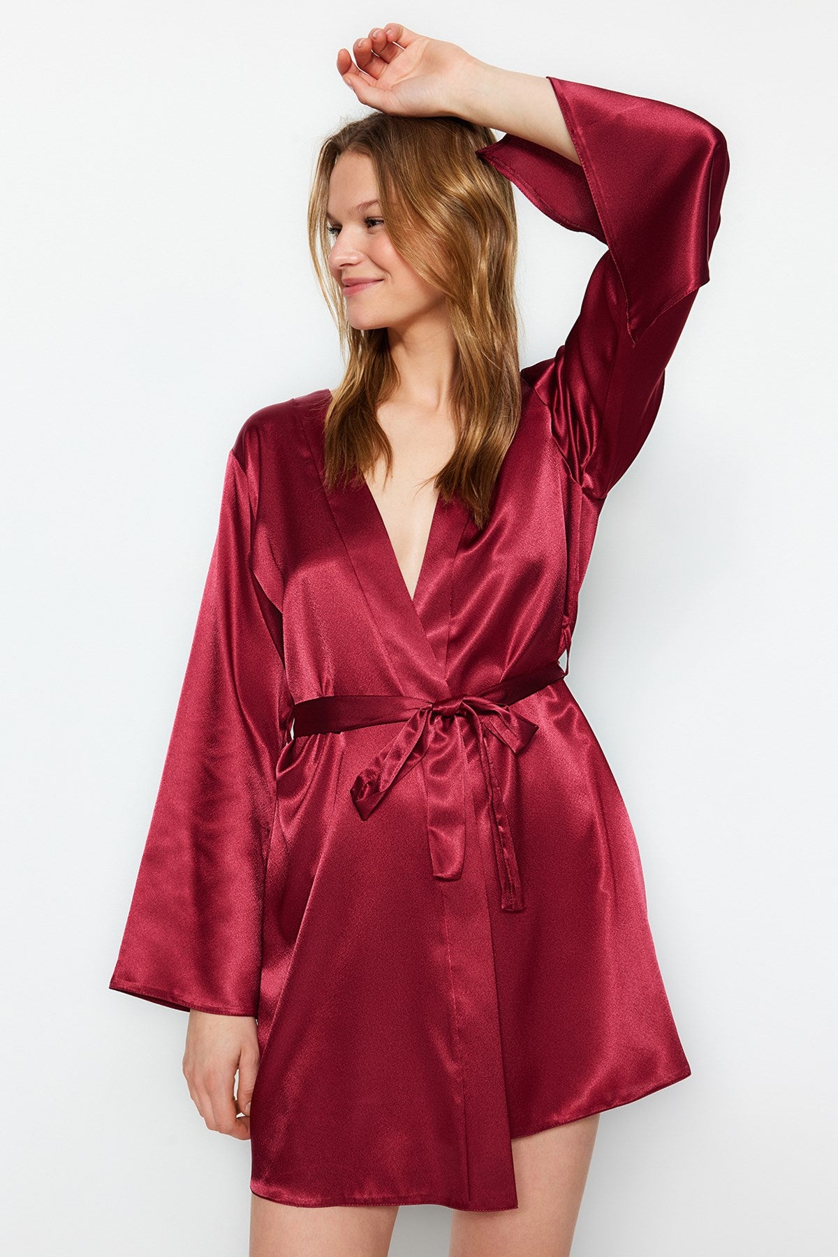 Black Satin Back Cut-out/window Detailed Woven Dressing Gown Thmaw24sb00006