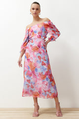 Orange Floral Carmen Collar A Cut/bell Form Chiffon Maxi Lined Woven Dress Twoss23el02422