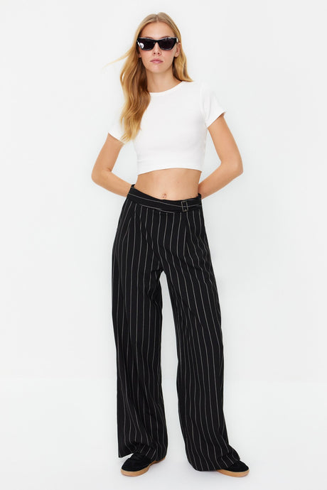 Grey Wide Leg/wide Leg Sim Detailed Woven Striped Pants Twoss23pl00223