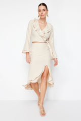 Beige Skirt Frilled Midi Length Woven Skirt Twoss24et00067