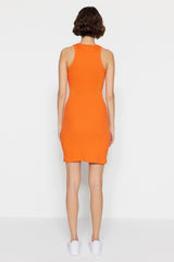 Orange Ribbed Bodycone/body Fit Halter Collar Flexible Mini Knitted Pencil Dress Twoss23el00303