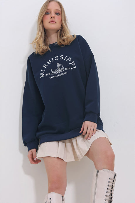 Women's Navy Crew Neck 3 Thread Charcoal Embroidered Oversize Sweatshirt Alc-x11394