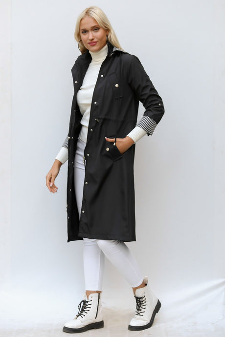 Women's Khaki Hooded Long Sleeve Pocket Lined Ruffle Midi Oversize Casual Woven Trench Coat M1021060