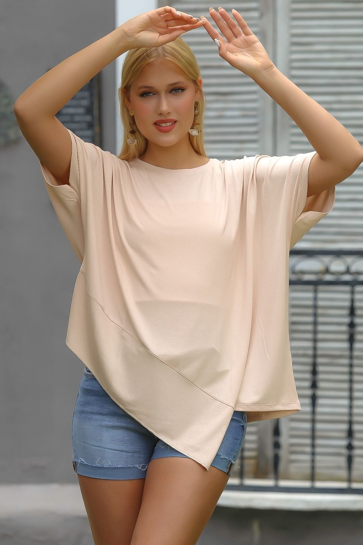 Orange Round Neck Bat Sleeve Knitted Asymmetric Blouse M10010200bl93150