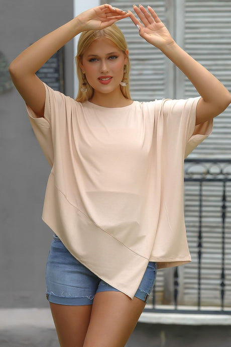 Orange Round Neck Bat Sleeve Knitted Asymmetric Blouse M10010200bl93150