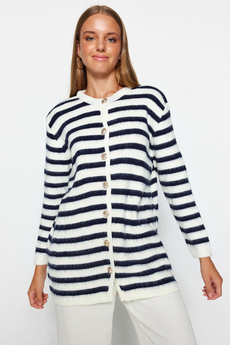 Ecru Navy Striped Gold Button Detailed Soft Textured Knitwear Cardigan Tctaw24th00046