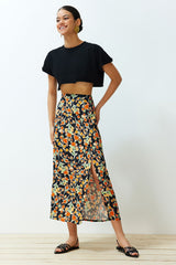 Multicolor Viscose Fabric Floral Pattern Slit Midi Woven Skirt Twoss24et00126