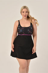 Women's Plus Size Black Mixed Pattern Jumper Interlock Adjustable Strap Stylish Dress Swimsuit 20231