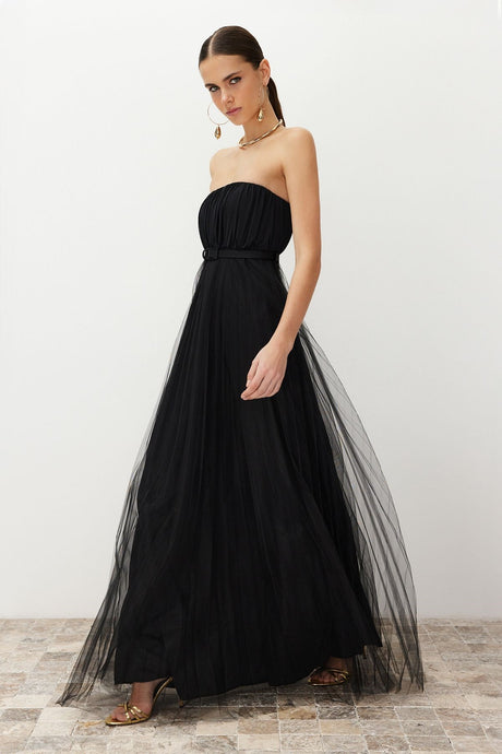 Black Tulle Knitted Long Elegant Evening Dress Tprss24ae00090