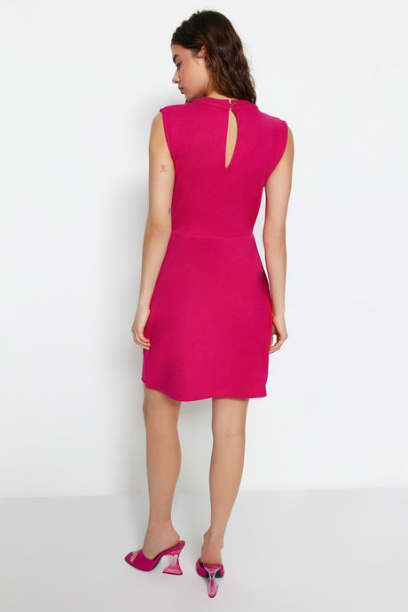 Fuchsia Neckline Detailed Crepe Mini Knitted Dress Twoss23el02015