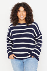 Navy Blue Striped Low Shoulder Knitwear Sweater Tbbaw23an00195