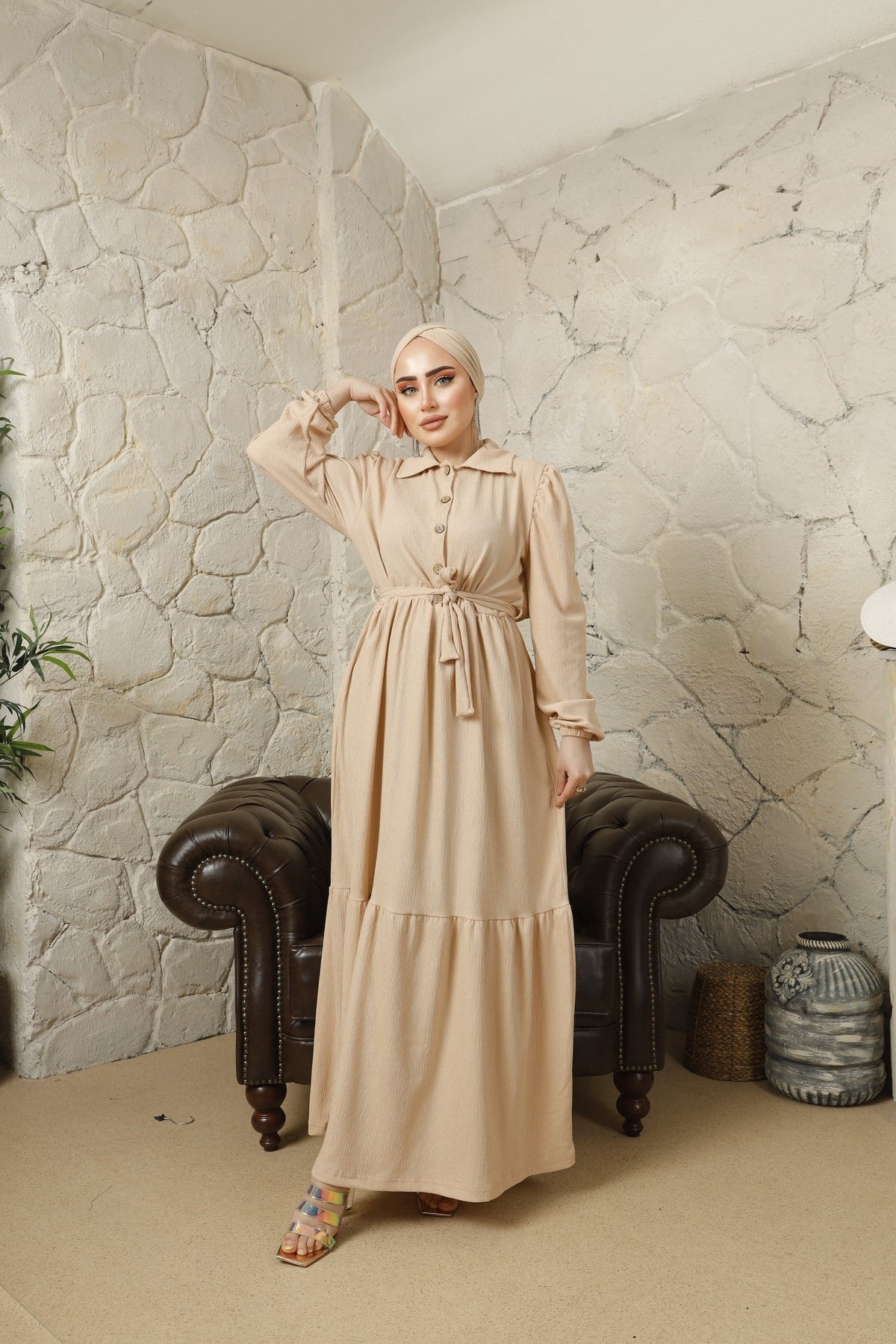 Cotton Shirt Collar Loose Hijab Dress Rge100