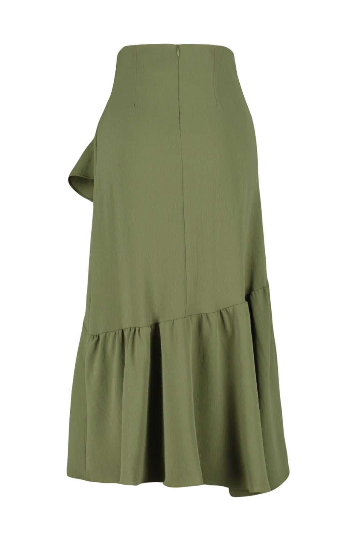 Khaki Ruffle Double-breasted Closure Midi Length Woven Skirt Twoss24et00001