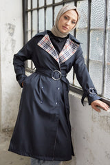 Eleta Double-breasted Collar Plaid Trench Coat - Black Ms0in1001