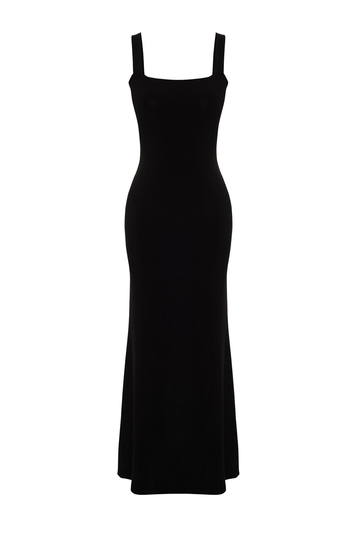 Black Thick Strappy Fitted/body Fit Flexible Knitted Maxi Pencil Dress Twoss24el00137