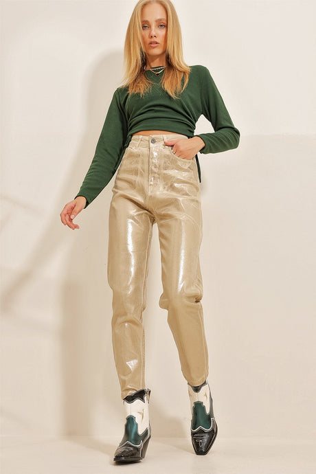 Women's Gold Gold Plastering Mom Jeans Pants Alc-x10862