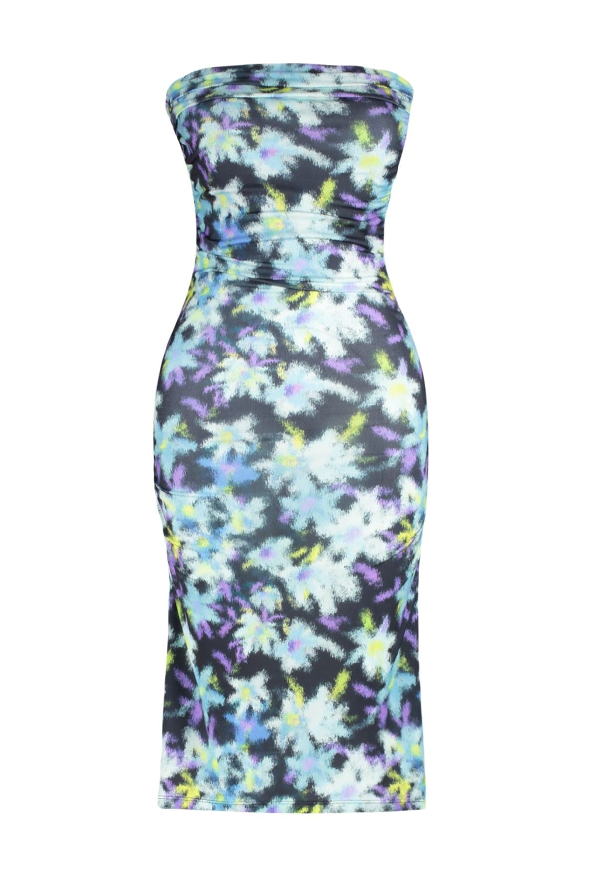 Limited Edition Blue Flower Printed Mini Strapless Collar Flexible Knitted Pencil Dress Twoss24el005