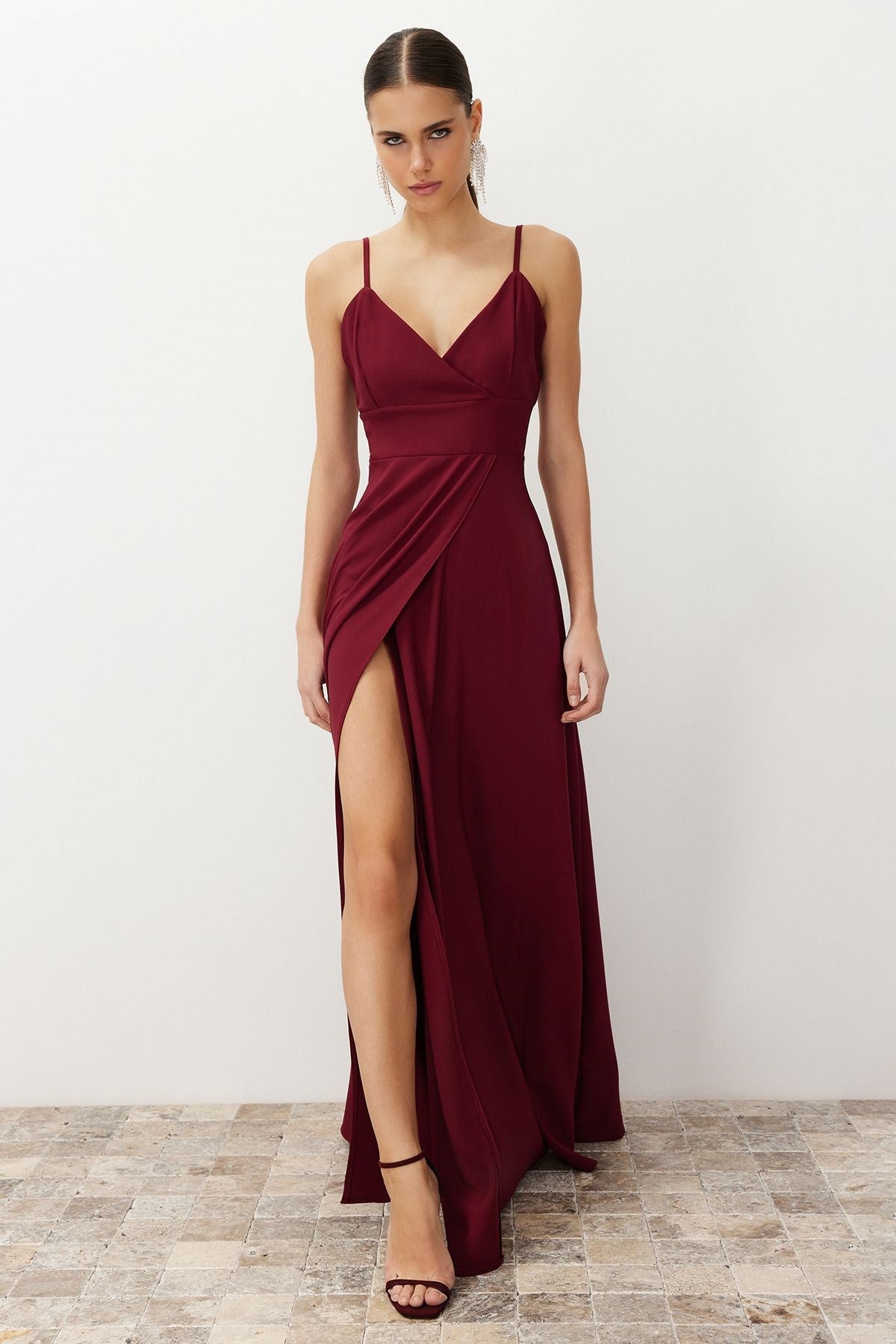 Burgundy Woven Long Elegant Evening Dress Tprss24ae00121