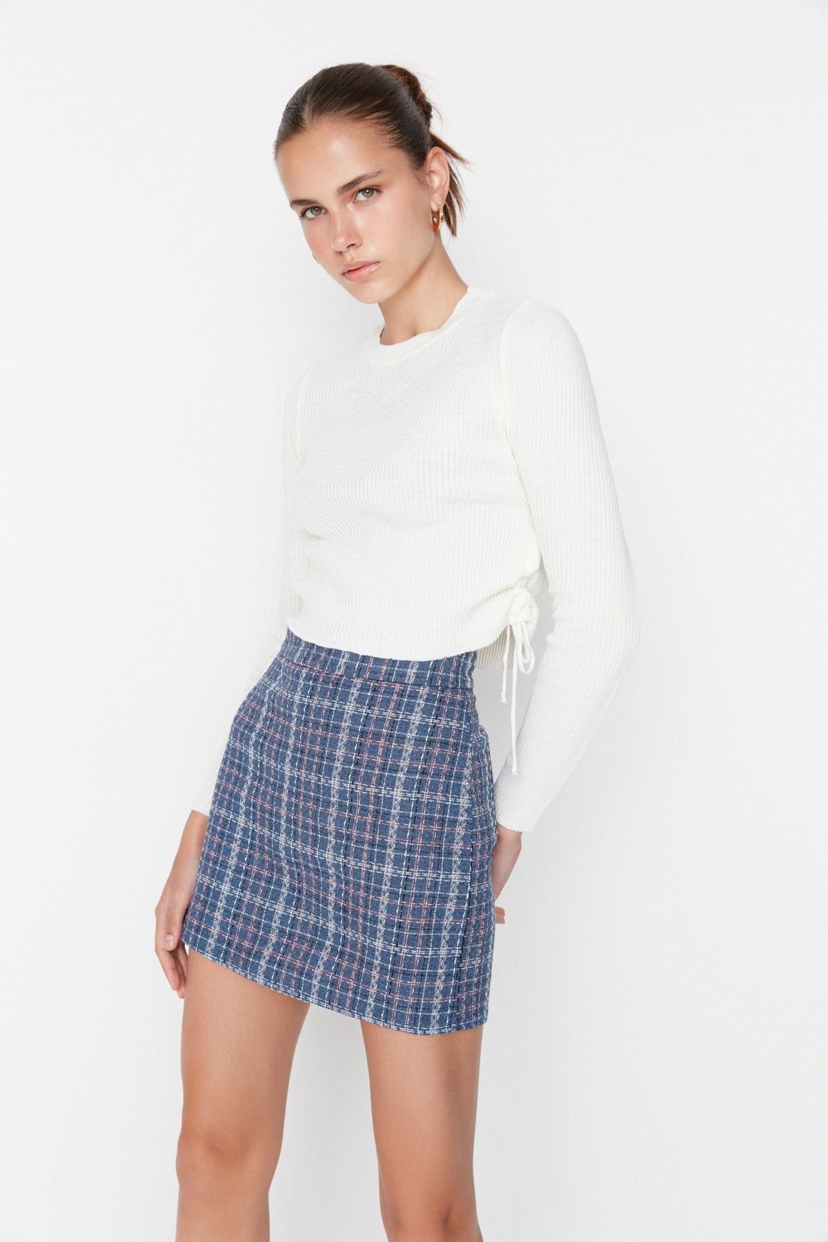 Indigo Plaid Pattern Tweed Fabric Mini Woven Skirt Twoaw23et00017