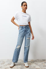 Blue More Sustainable Ripped High Waist Straight Jeans Twoss24je00200