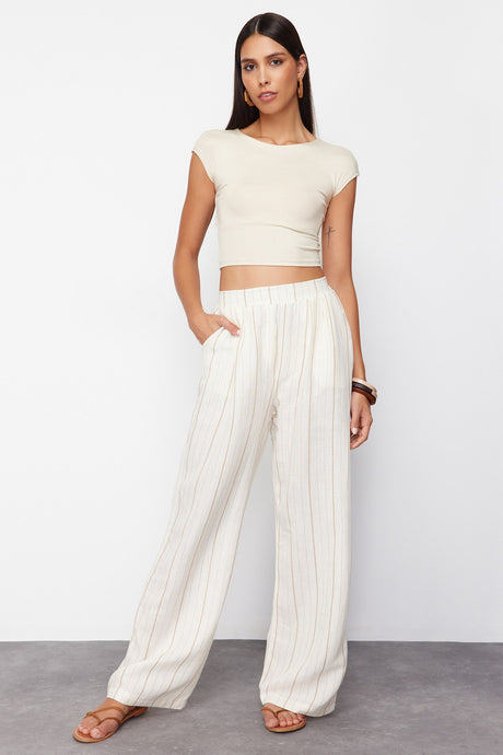 Ecru Striped Wide Leg/wide Leg Woven Pants Twoss24pl00145