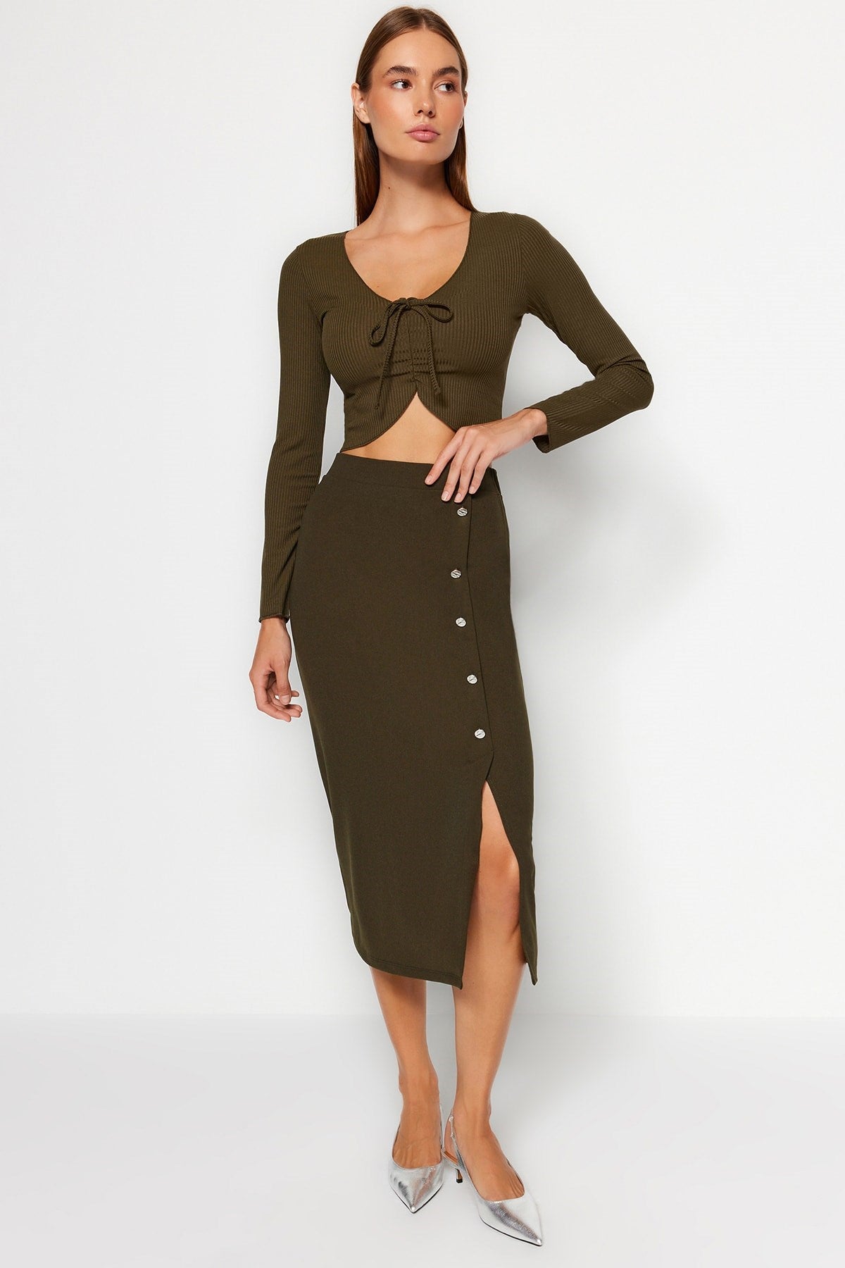 Black Smart Crepe Button Detailed High Waist Midi Pencil Flexible Knitted Skirt Twoss23et00320