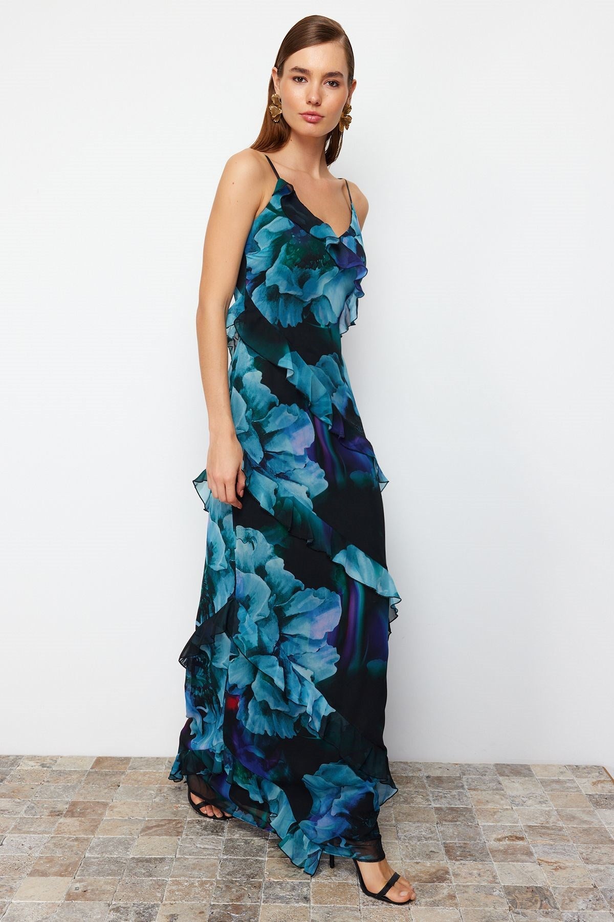 Multicolor Ruffle Long Night Evening Dress Tprss24ae00045