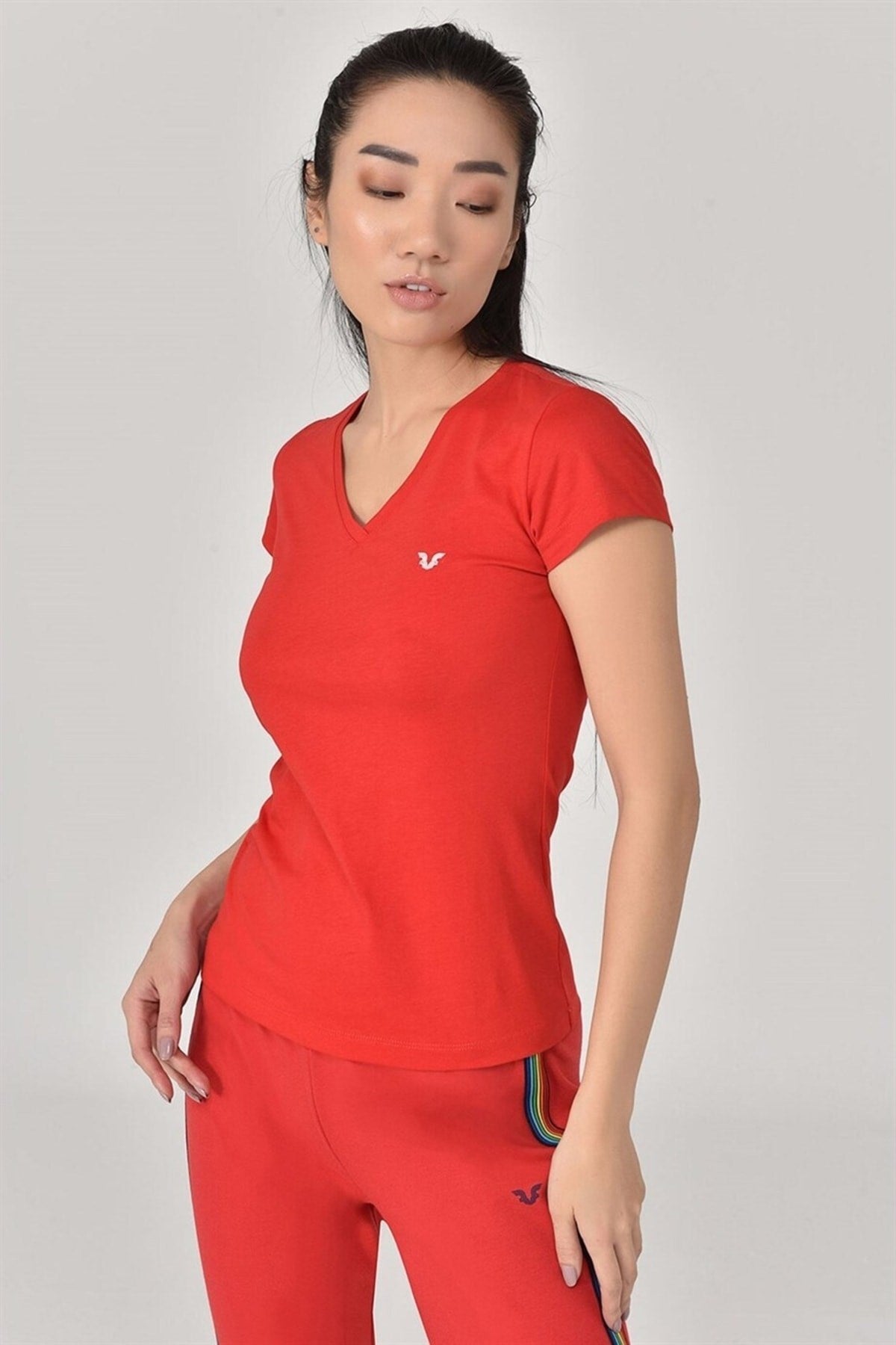 Red Women's V Neck Short Sleeve 100% Cotton Basic Solid Color Short Sleeve Casual Sports T-shirt 808