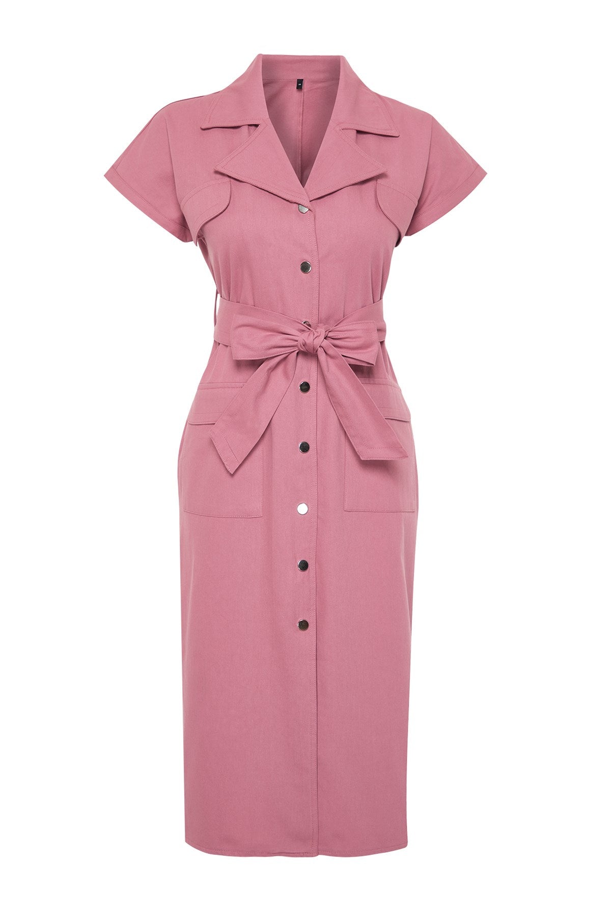 Dusty Rose Belted Wide Pattern Gabardine Midi Shirt Dress Twoss24el00227