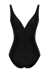 Black V Neck Draped Regular Swimsuit Tbess24ma00090