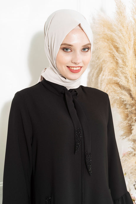 Black Abaya 3457 T22fr3m3457 With Lace-up Stone Embroidered Collar