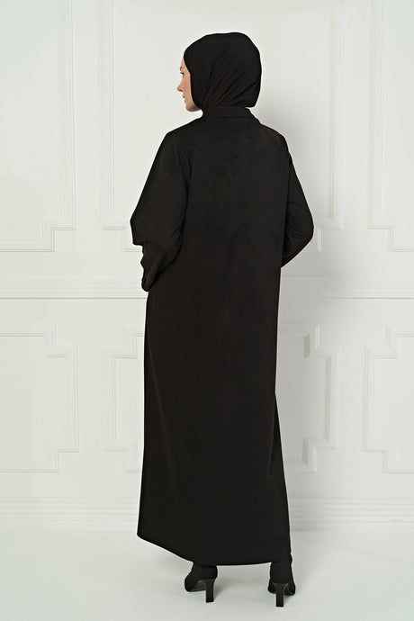 Unique Ribbed Sleeve Detailed Black Winter Abaya 3605 T22fr3m3605