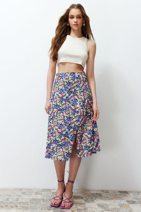 Tile Slit Detailed Floral Pattern Viscose Fabric Midi Woven Skirt Twoss20et0230