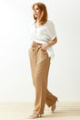 Camel Straight/straight Cut Waist Elasticated Lace-up Linen Look Pants Twoss24pl00056