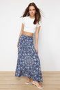 Navy Blue Floral Printed Midi Woven Skirt Twoss24et00184