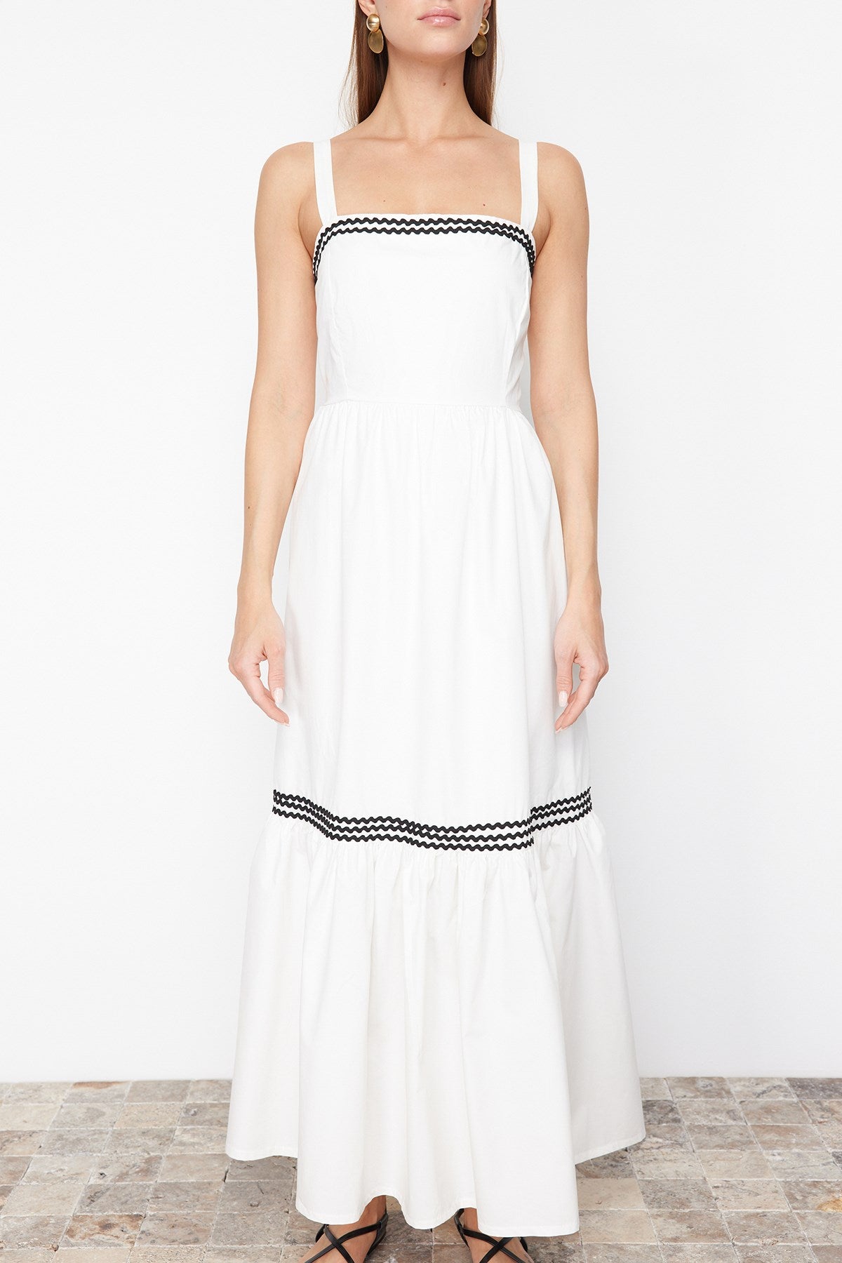 White Belted Black Stripe Accessory Detailed Maxi Woven Dress Twoss24el00798