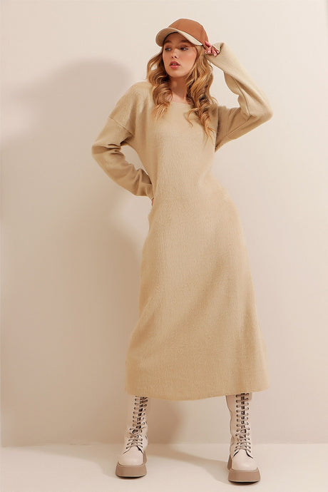 Women's Beige Kayak Collar Wool Effect Knitwear Dress Alc-x9534