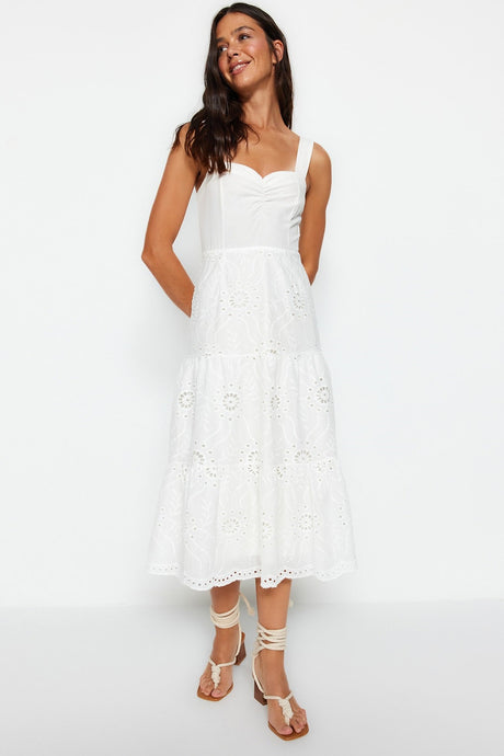 White Slit Midi Lined Embroidery Woven Dress Twoss23el00156