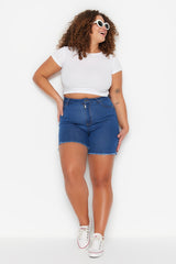 Dark Blue High Waist Flexible Skinny Sides Slit Denim Shorts & Bermuda Tbbss23ap00009