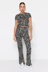 Black Zebra Pattern Slit Detailed High Waist Straigth Knitted Pants Twoss22pl0243