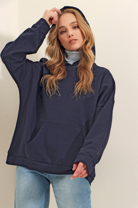 Women's Navy Blue Hooded Kangaroo Pocket 3-thread Thick Sweatshirt Alc-531-009