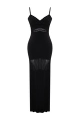 Black Body Sitting Knitted Lace Detailed Long Night Evening Dress Tprss24ae00003