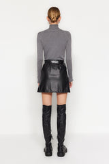 Black Belt Faux Leather Mini Length Woven Skirt Twoaw24et00333